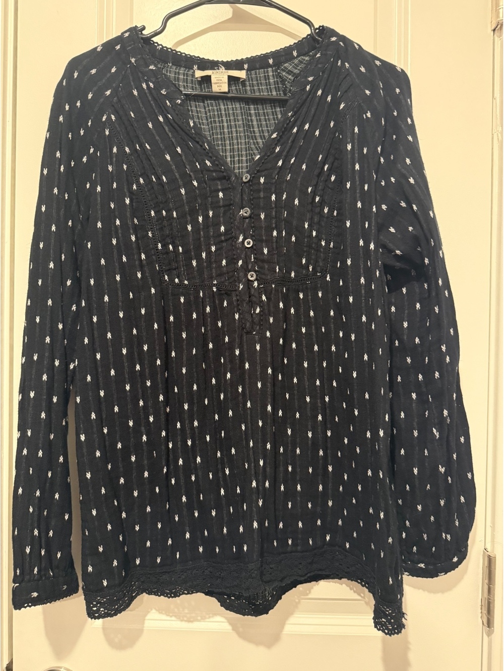 Vintage America Blues Black Patterned Long Sleeve Blouse Size M